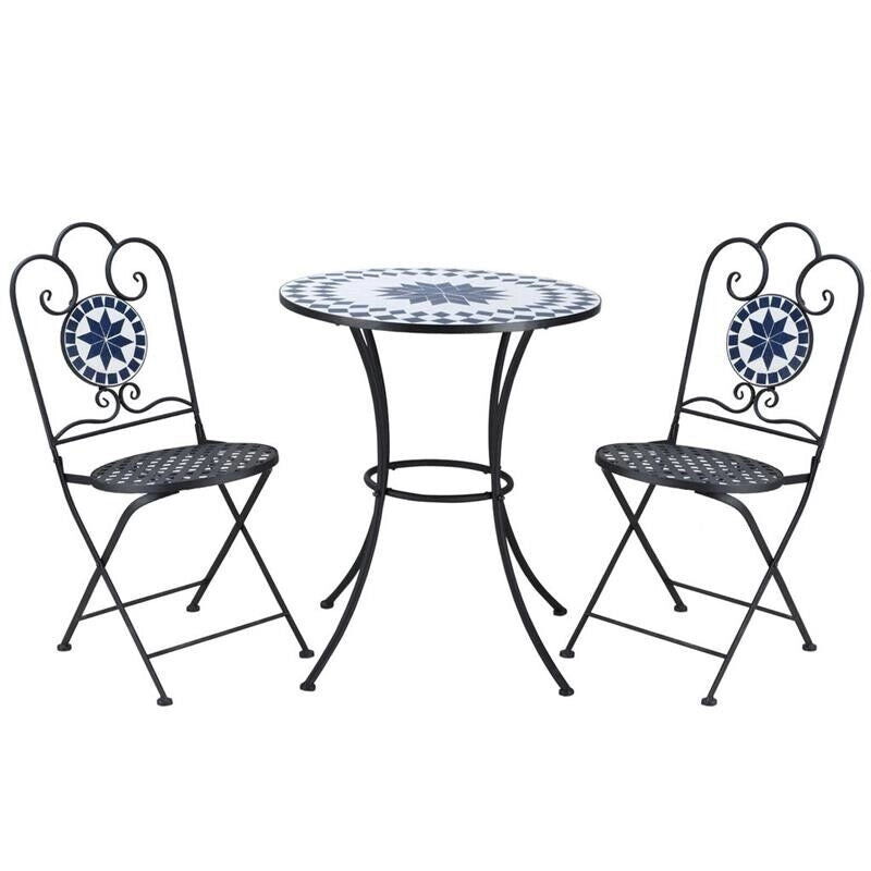 SET DA GIARDINO CON 2 SEDIE PIEGHEVOLI E 1 TAVOLINO A MOSAICO NERO
