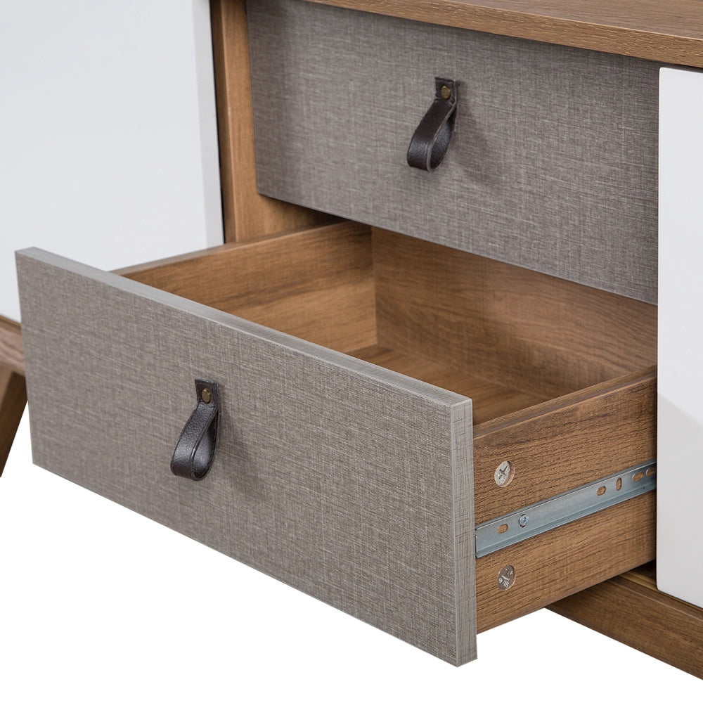 Madia credenza impiallacciata in legno chiaro 56 x 147 x 42 cm con 2 ante scorrevoli bianche e 2 cassetti grigi