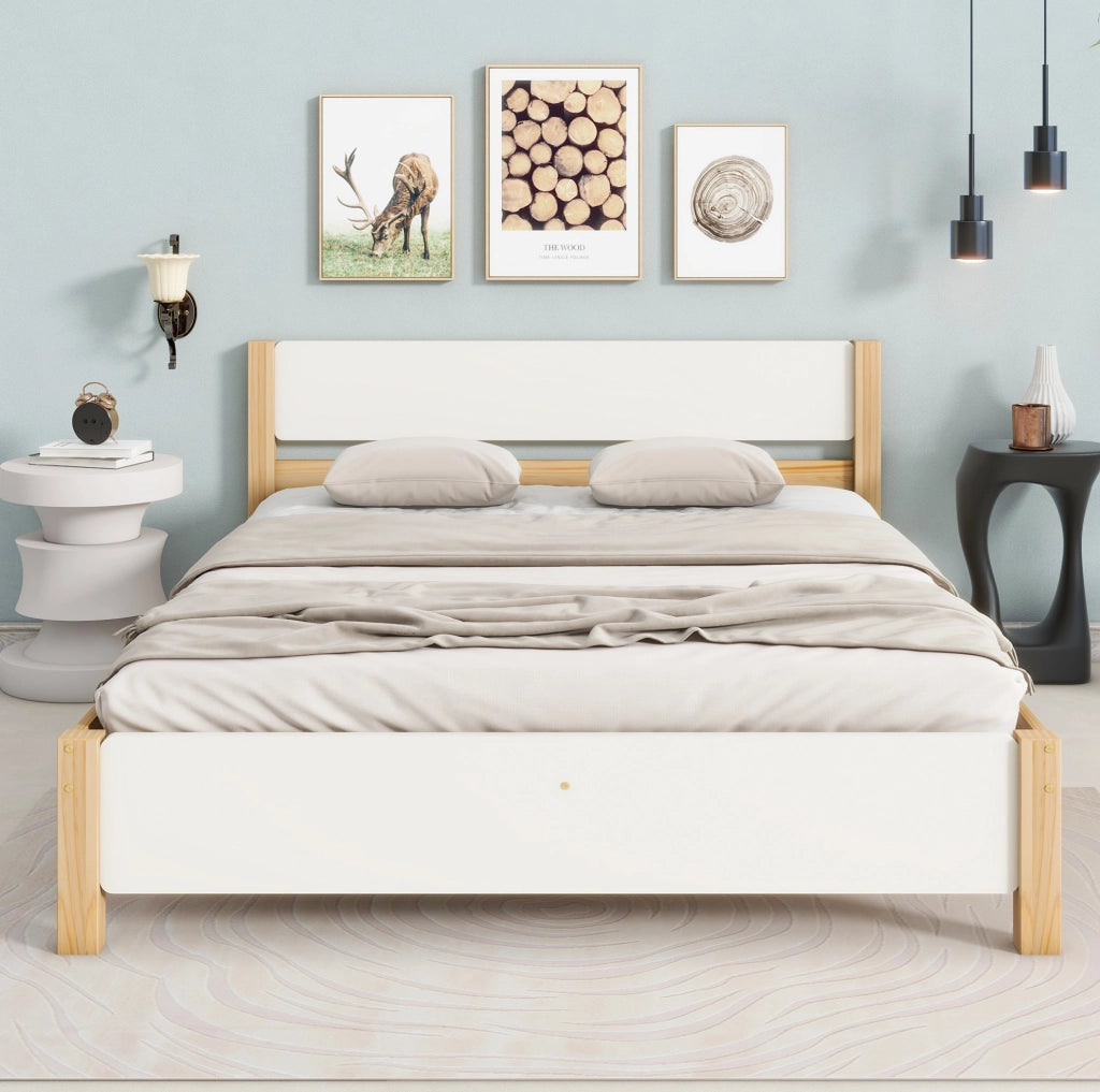 Letto matrimoniale 140x200 cm bianco e naturale con doghe