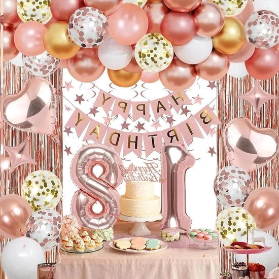 Decorazioni per festa di compleanno con palloncini rossi per festa di 18 anni con palloncini con foglia e numeri.