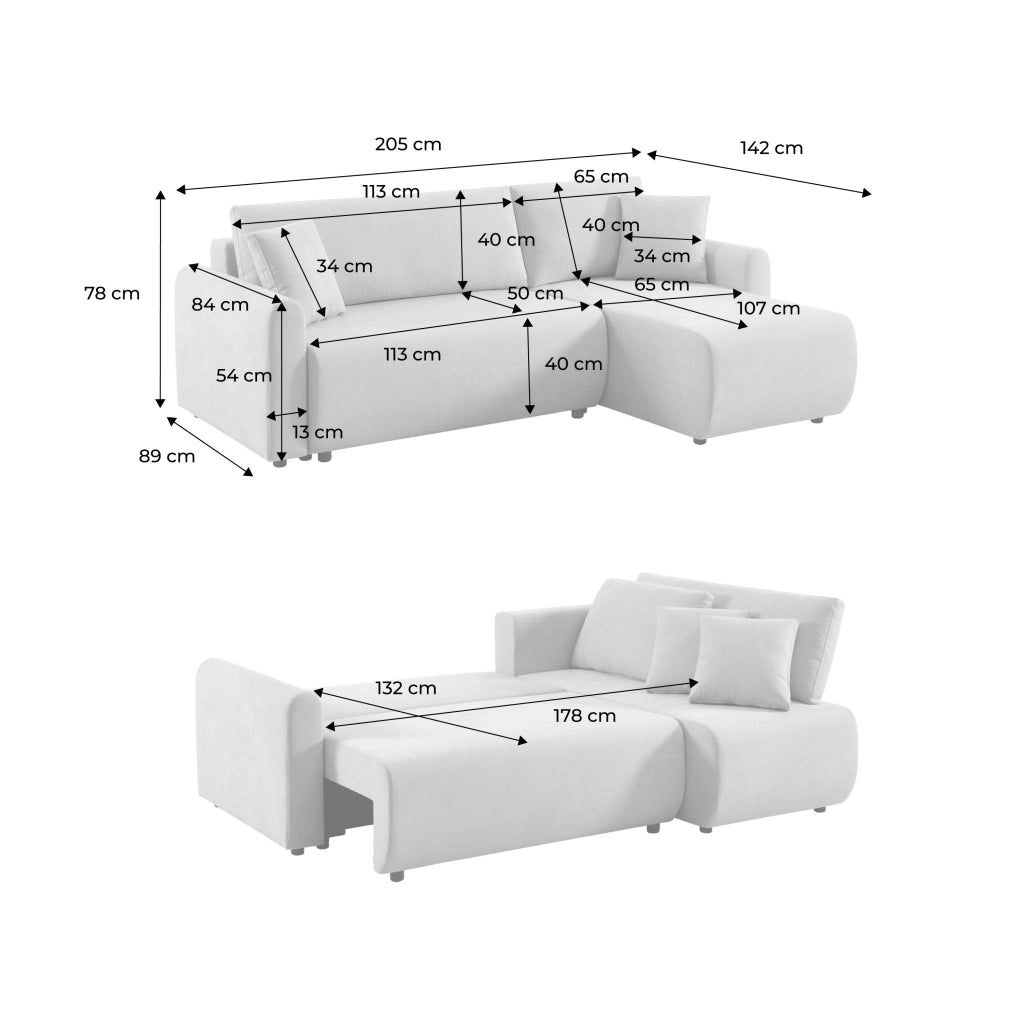Divano angolare reversibile in tessuto con contenitore, 3 posti, beige