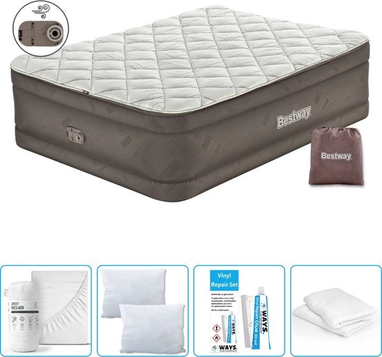 Letto gonfiabile 2 posti - 152 x 203 x 51 cm - Marrone - Inclusa pompa - Telo gonfiabile - Cuscino - Cuscino protettore e set di riparazione