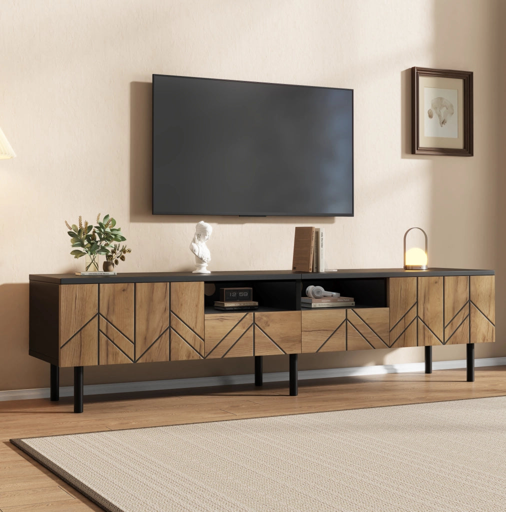 Mobile TV 180x40x45 cm con 2 cassetti e 2 ante in truciolare nero e naturale