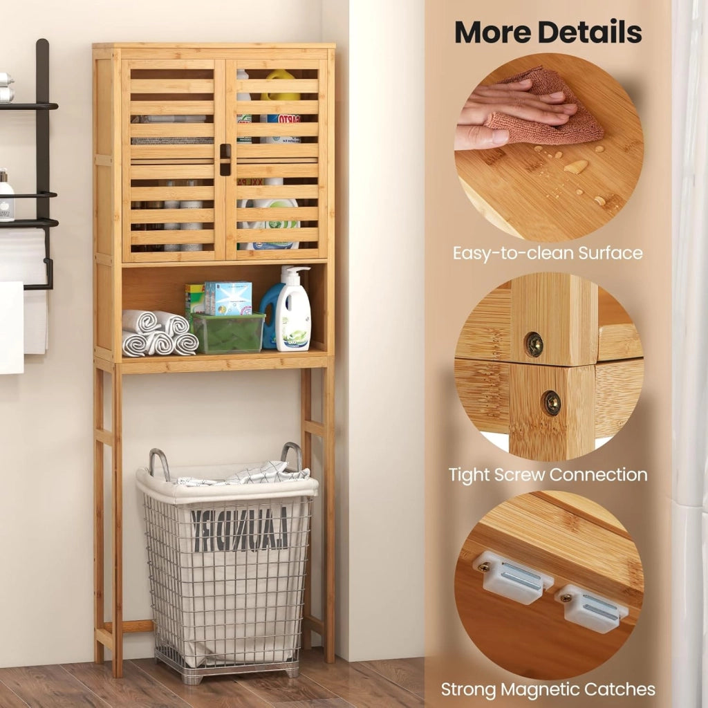 Mensola WC autoportante 3 piani in bambù, 62 x 23 x 170 cm, armadietto WC con 2 ante e vano portaoggetti aperto, per WC e bagno