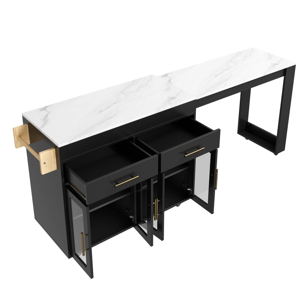 Isola da cucina, credenza, bancone estraibile, con rotelle, 2 cassetti, ante in vetro, aspetto marmoreo, nero e bianco
