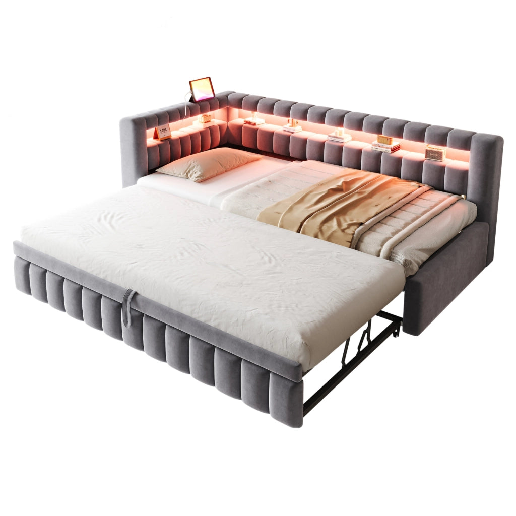 Sofabett 90x200 cm; letto estraibile con LED e ricarica; velluto grigio