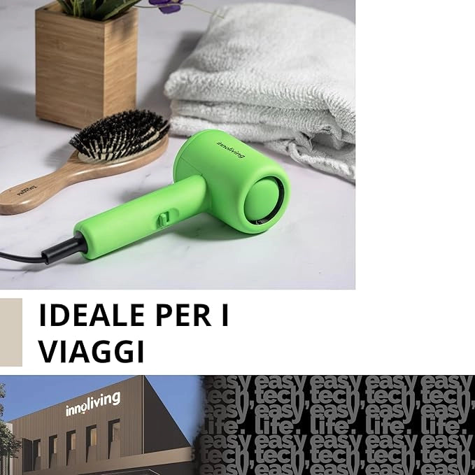 Innoliving Asciugacapelli Mini INN-612 Verde, Compatto e Pieghevole, 1200W, Doppia Velocità,  Disponibile in Vari Colori, Design Portatile per Viaggi e Palestra
