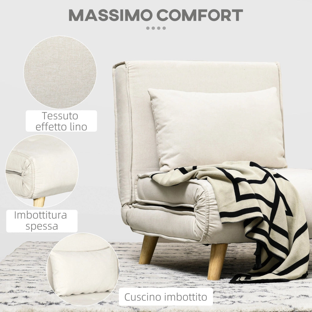 Poltrona Letto Singolo Reclinabile 72x78x79 cm con Cuscino in Tessuto Effetto Lino Beige