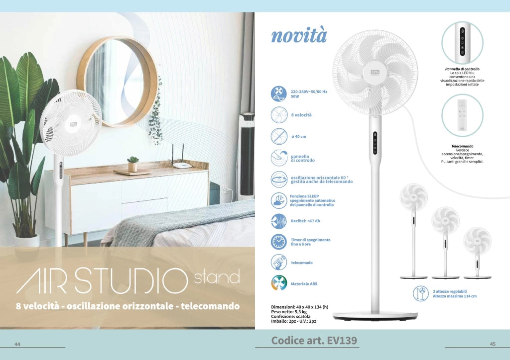 Ventilatore a Piantana CFG AirStudio Stand EV139 50W Silenzioso con Telecomando, 8 Velocità, Timer 8h e Oscillazione 60°
