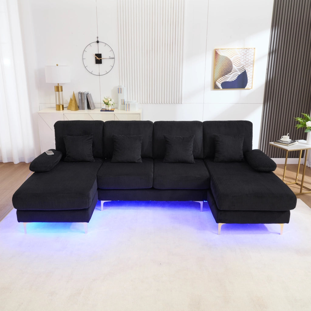OKWISH Divano Panoramico a U, Porta USB e Illuminazione LED, Schienale Ergonomico, Cuscini Imbottiti, Velluto Nero