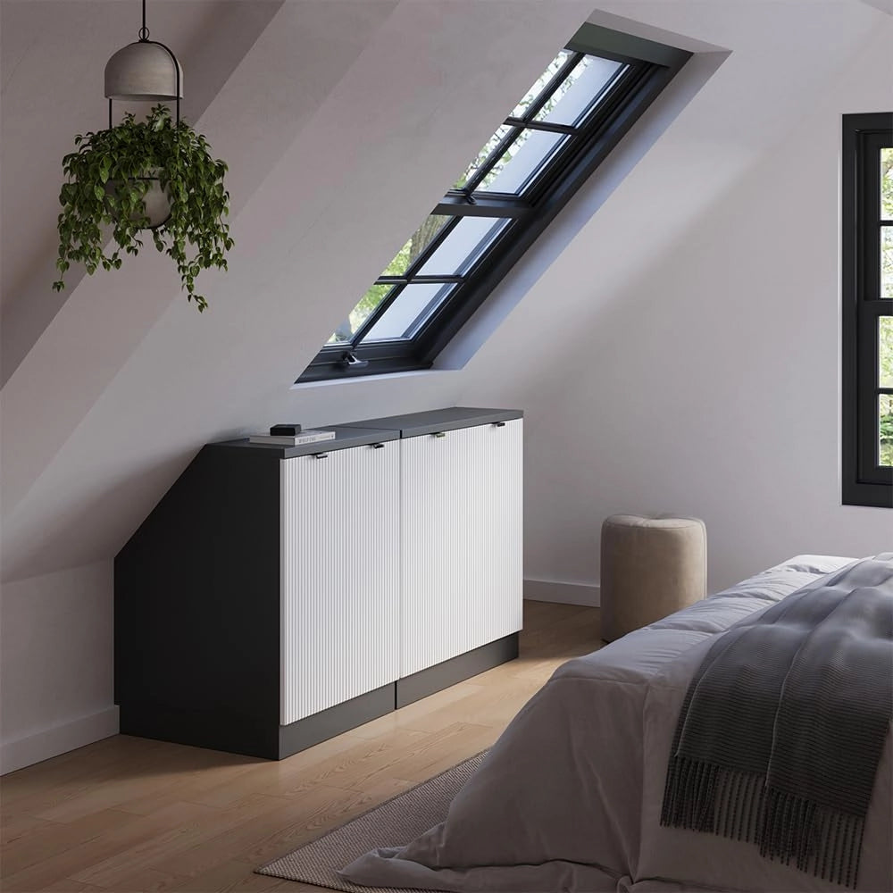 Set di mobili sottotetto Rion, Ondulazione bianca, 140 cm Set di 2 carcasse armadio profondità 60 cm, adatto per il salvaspazio sotto tetti spioventi