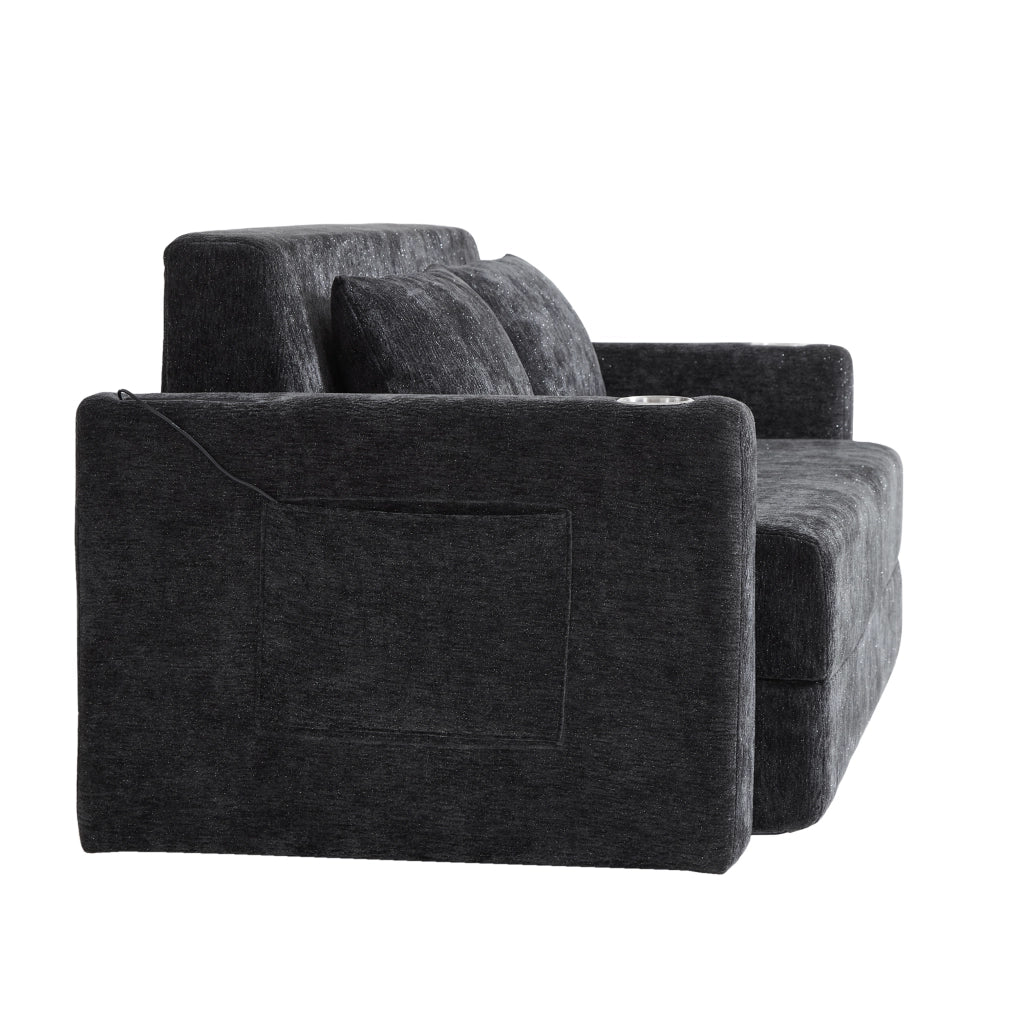 Divano letto 2 posti con funzione letto, porte USB, portabicchieri e tasche laterali in ciniglia nero e grigio