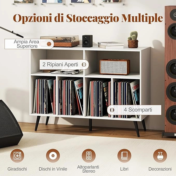 Supporto per Giradischi, Mobiletto per Giradischi a 3 Livelli con Scaffali per Vinili, Tavolino per Dischi con 5 Gambe, Scaffale Espositivo per Soggiorno, Sala Musica (Bianco)