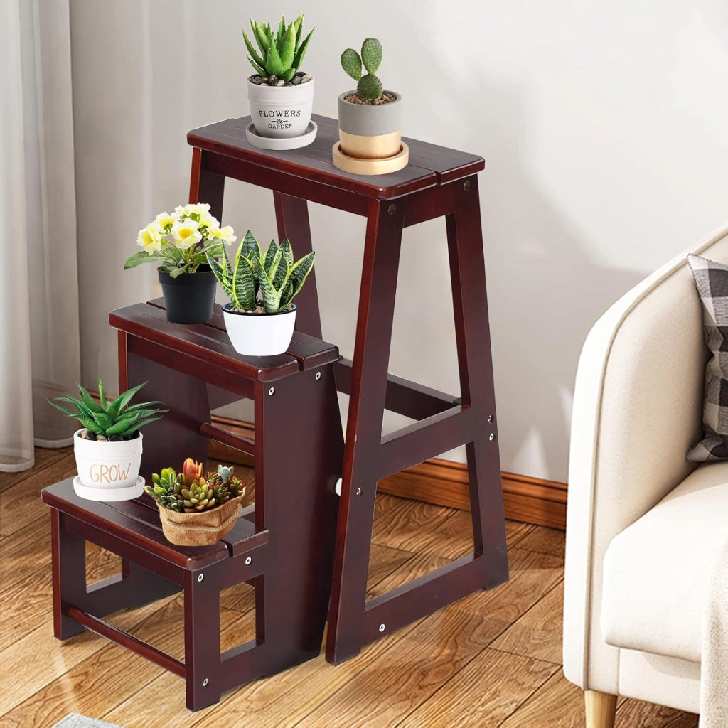 2 in 1 Scaletta e Sgabello Legno, Sgabello Scala Pieghevole, a 3 Gradini, Portata di 150 kg, Richiudibile e Salvaspazio, Ideale per Soggiorno/Studio/Ufficio, 38,5x57x66 cm, 2 Colori