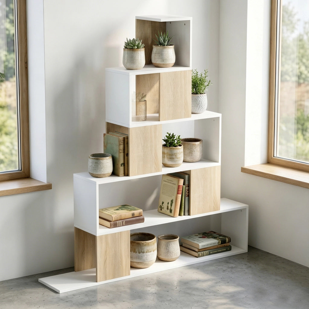 Libreria Moderna a 5 Ripiani con Design a Gradini, 120x22x131.5 cm, Bianco e Legno