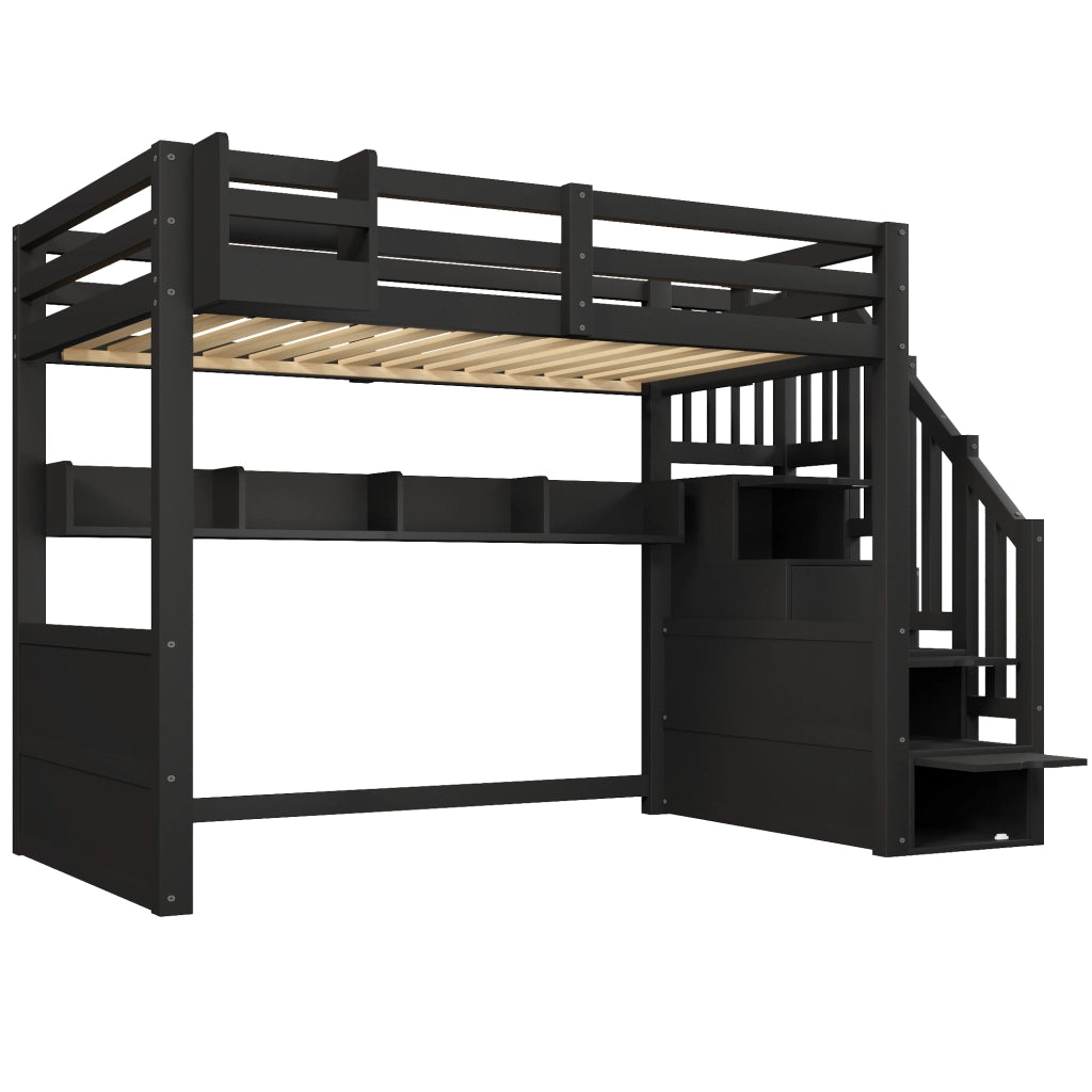 Letto a Soppalco 90 x 200 cm; Letto Singolo - LED; scala con contenitore - Nero