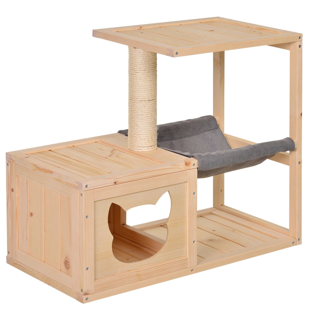 Letto per Gatti con Amaca e Tiragraffi in Legno ¨C zephmum ¨C Naturale 70x35x60 cm
