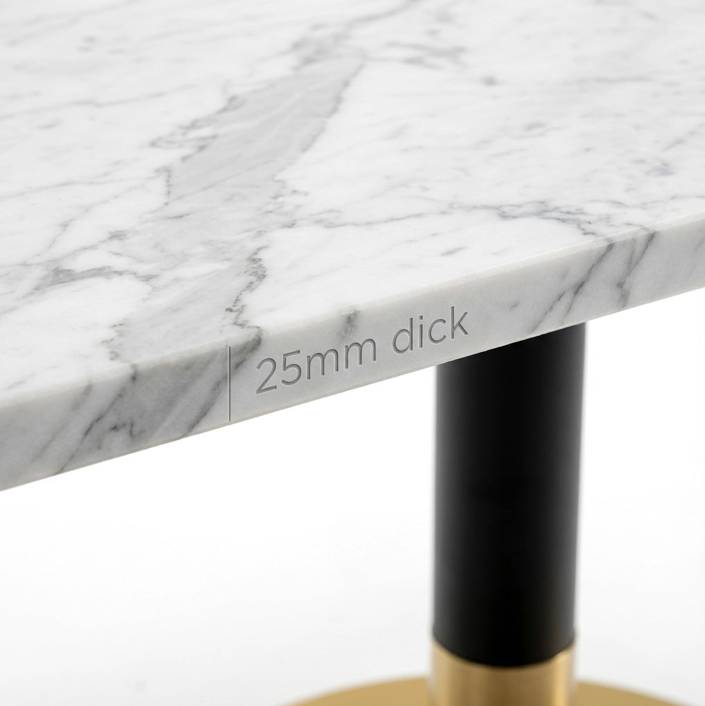 Tavolo da pranzo rettangolare 80x60 cm per 2 persone; piano effetto marmo bianco in MDF; base in metallo nero