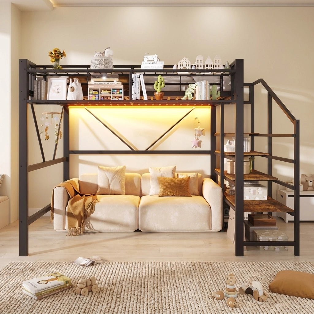 Letto a soppalco 140x200 cm in metallo nero con scala contenitore e LED