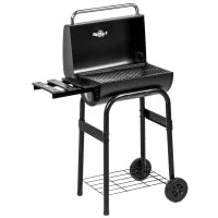 Barbecue a Carbone con Coperchio, Termometro e Camino, Ripiani e Ruote, Nero