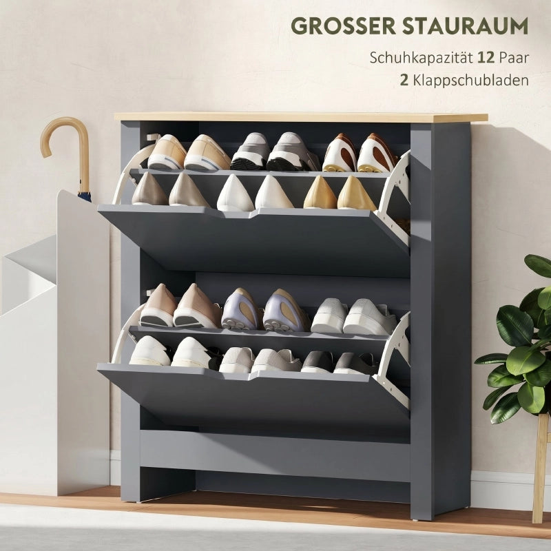 Scarpiera con 2 ante ribaltabili, per ingresso e camera da letto, in legno, grigio scuro, 72 × 26 × 80 cm