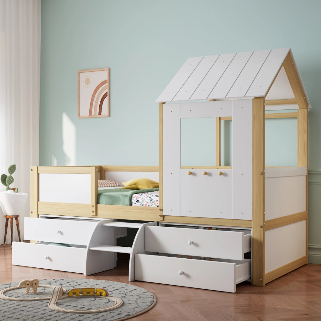 Letto Casetta 90x200 cm - 4 Cassetti; Scala e Finestra - Legno - Bianco e Naturale