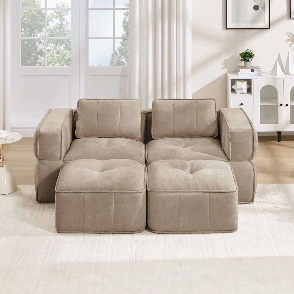 Divano 2 posti con set poggiapiedi ¨C Minimal ¨C Tessuto morbido colore sabbia