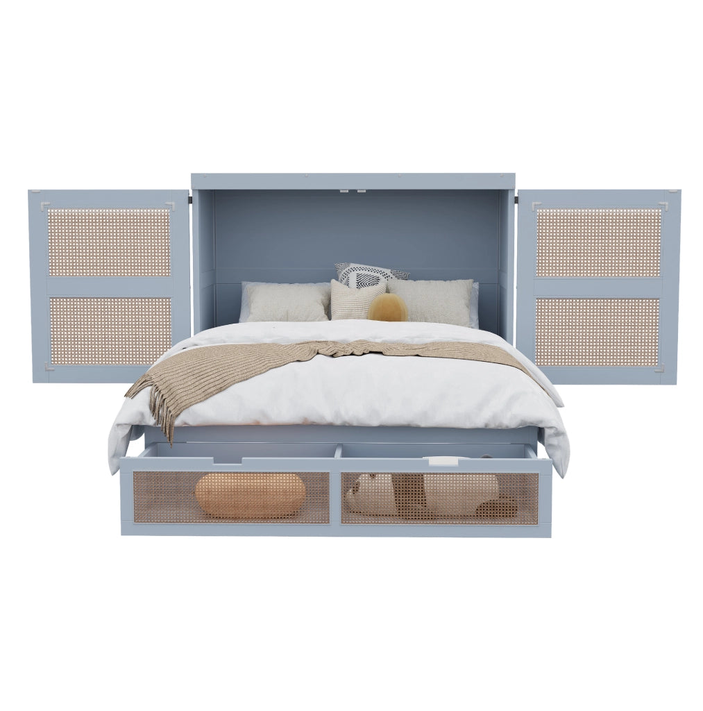 Letto a scomparsa 140x200 cm con design effetto rattan; contenitore e cassetti; grigio