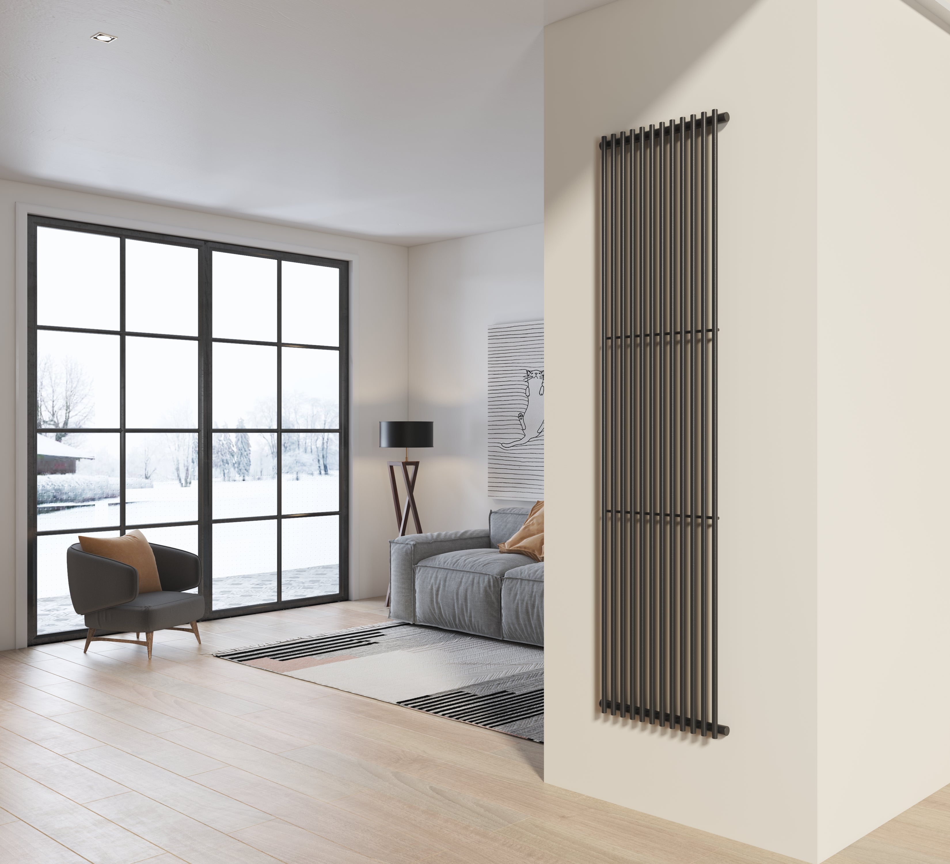 Radiatore design 200x50 cm (12 tubi) in acciaio grigio opaco a tubi tondi interasse verticale H200 PISA