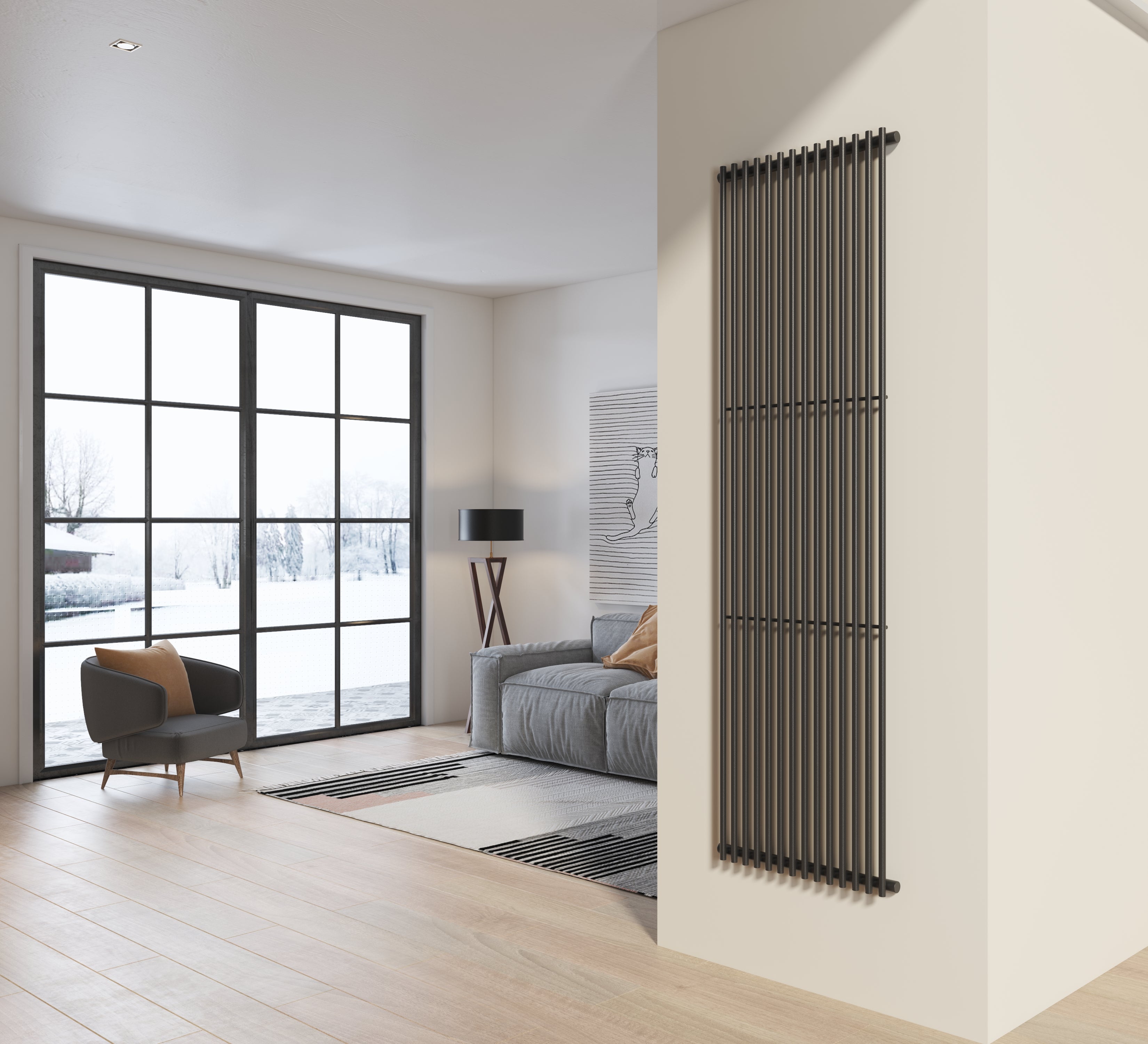 Radiatore design 200x58 cm (14 tubi) in acciaio grigio opaco a tubi tondi interasse verticale H200 PISA