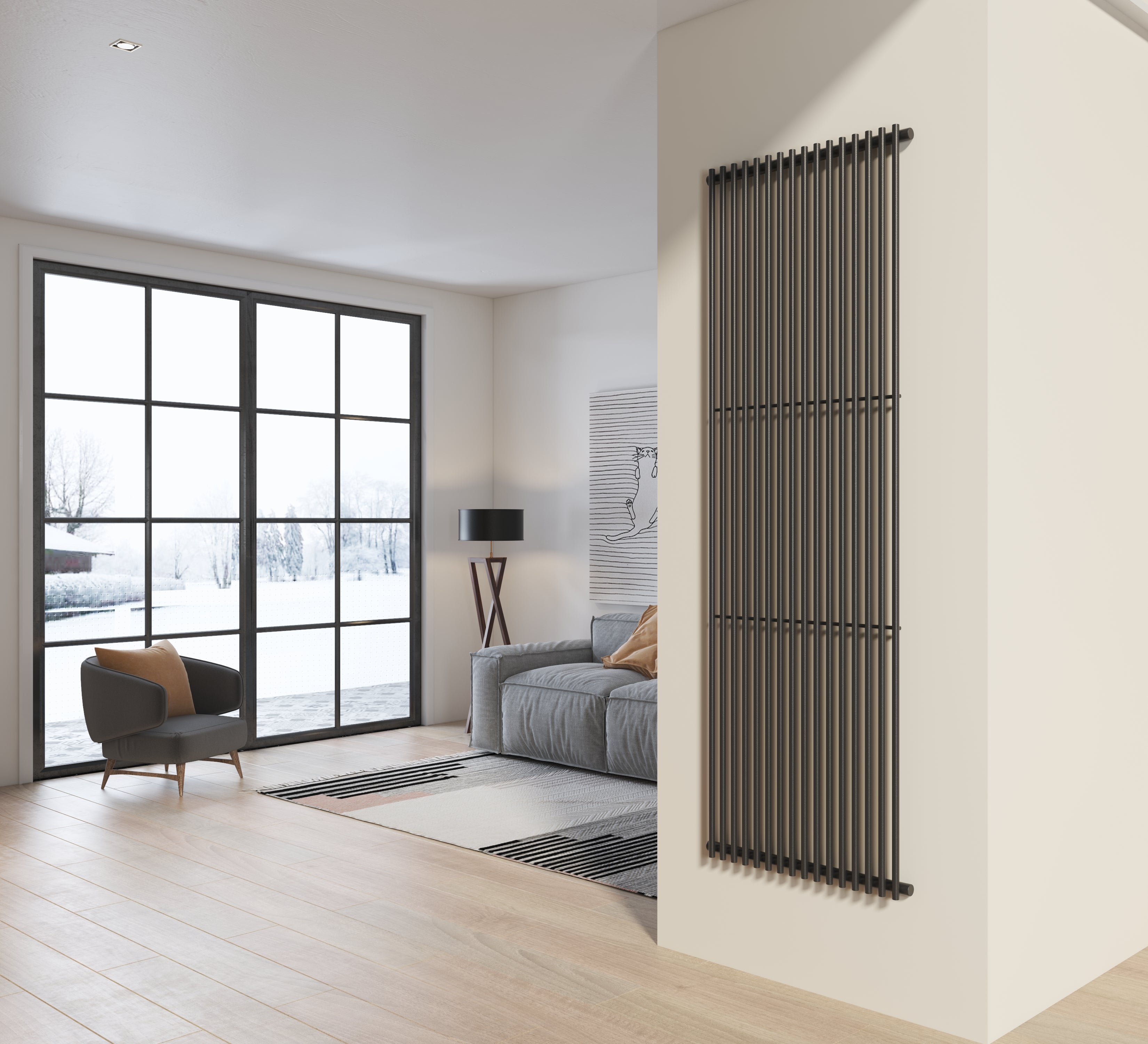 Radiatore design 200x66 cm (16 tubi) in acciaio grigio opaco a tubi tondi interasse verticale H200 PISA