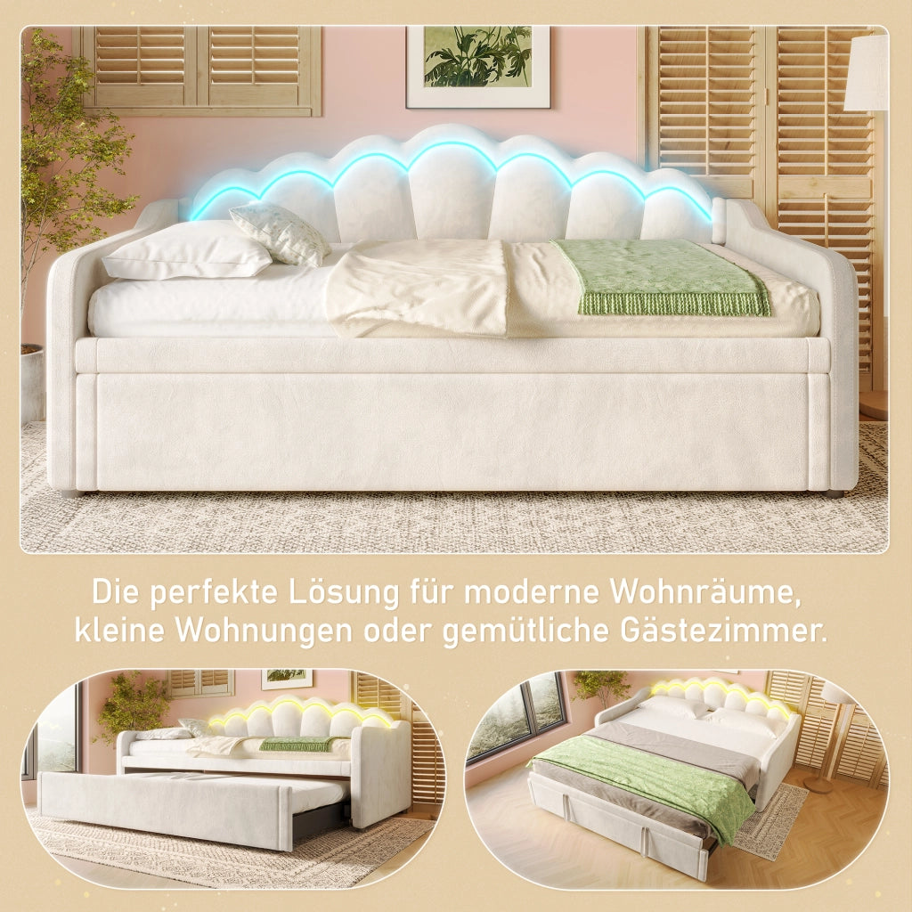 Divano letto estraibile con letto a scomparsa e striscia LED multicolore, testiera ondulata in velluto e MDF beige