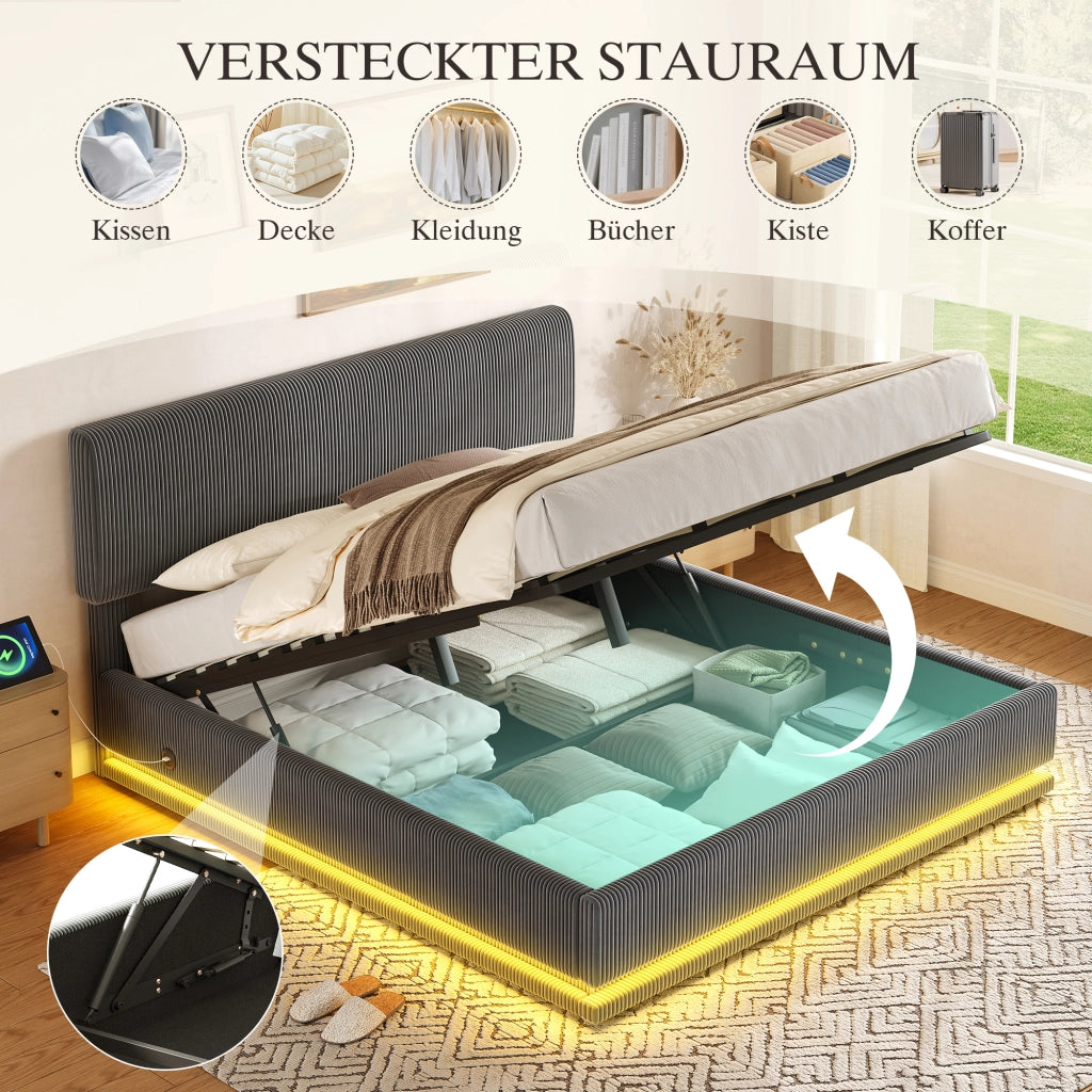 Letto imbottito con LED USB regolabile 160x200 cm velluto a coste grigio scuro