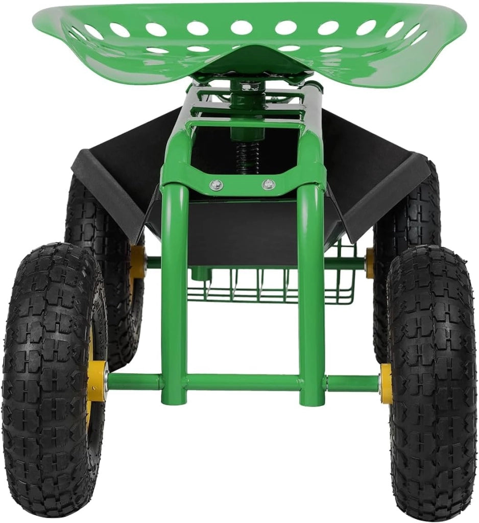 Sedia a rotelle per giardinaggio, girevole a 360° e regolabile in altezza da 46-53 cm, con cestino e ripiano, portata 150 kg, per giardinaggio e cura dell'auto, verde