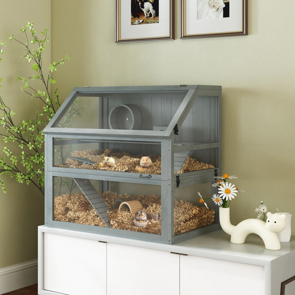 Gabbia per Criceti in Legno 3 Piani con Ripiani Estraibili ¨C ZephMum ¨C Grigio Chiaro 80x50x76cm