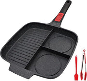 Grillpan Trifunzionale con Manico Removibile - Antitendine, Adatto per Induzione, 28 x 24 cm