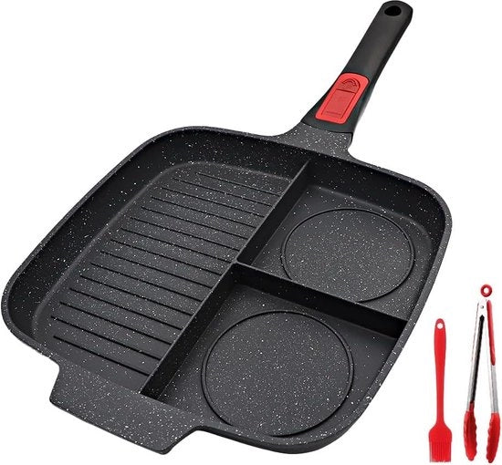 Grillpan Trifunzionale con Manico Removibile - Antitendine, Adatto per Induzione, 28 x 24 cm