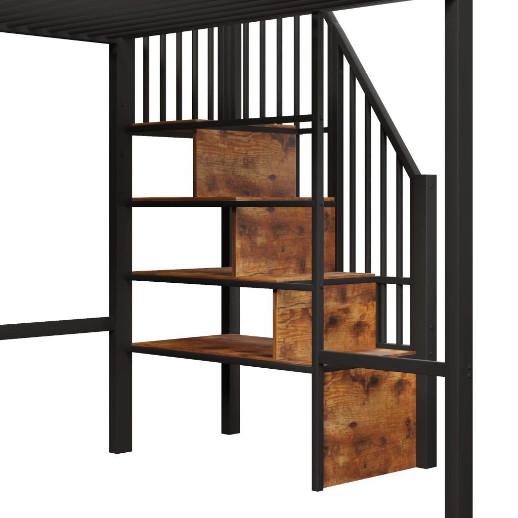 Letto a soppalco 140x200 cm con scala contenitore; finestra; spazio libero sottostante e parapetto; metallo nero