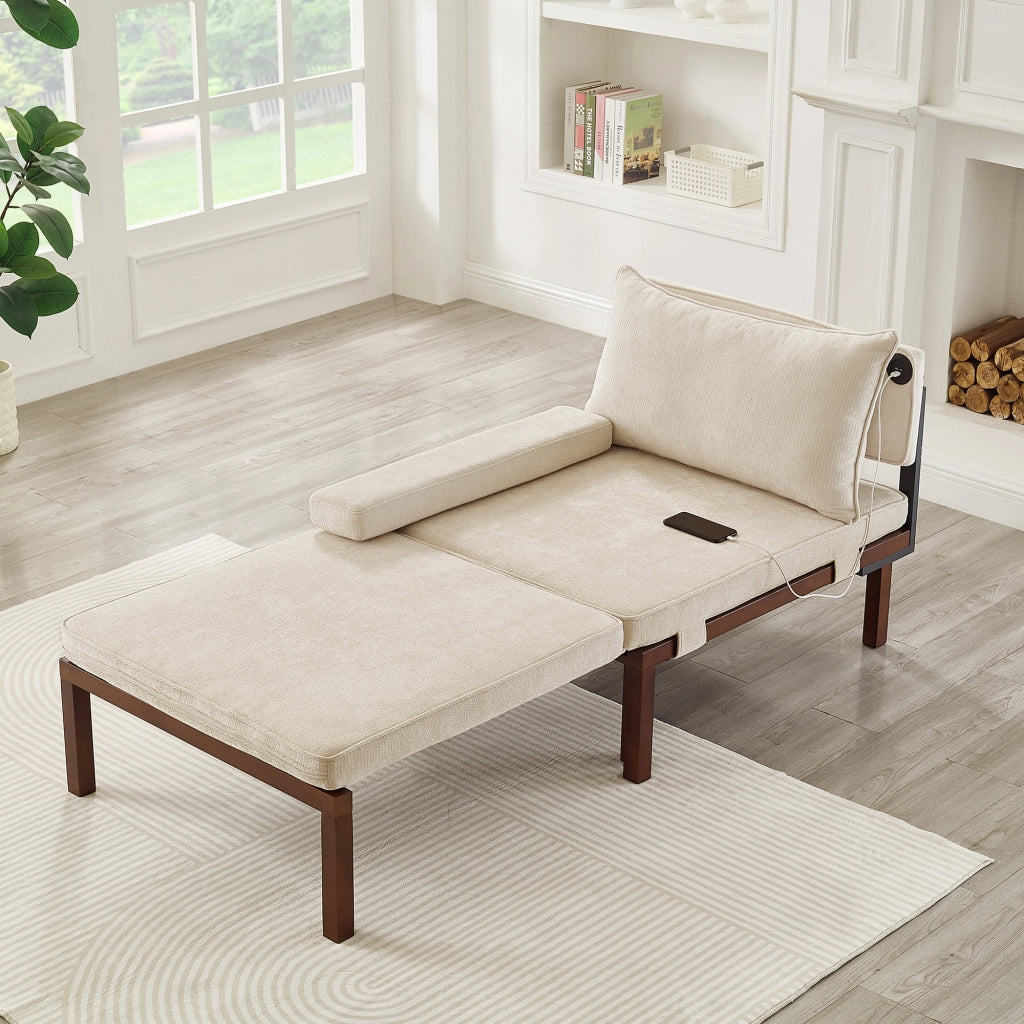 POLTRONA LETTO Estraibile Singolo Beige in Velluto con porte USB/Type-C