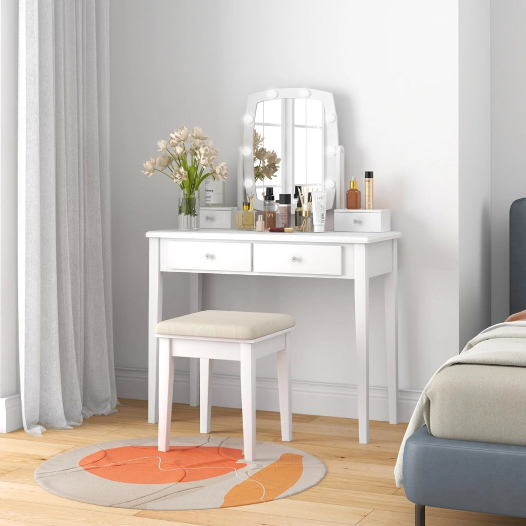 Scrivania per trucco con specchio illuminato girevole luci LED dimmerabili a 3 colori sgabello imbottito, Set di vanit¨¤ Bianco-Tavoli da trucco