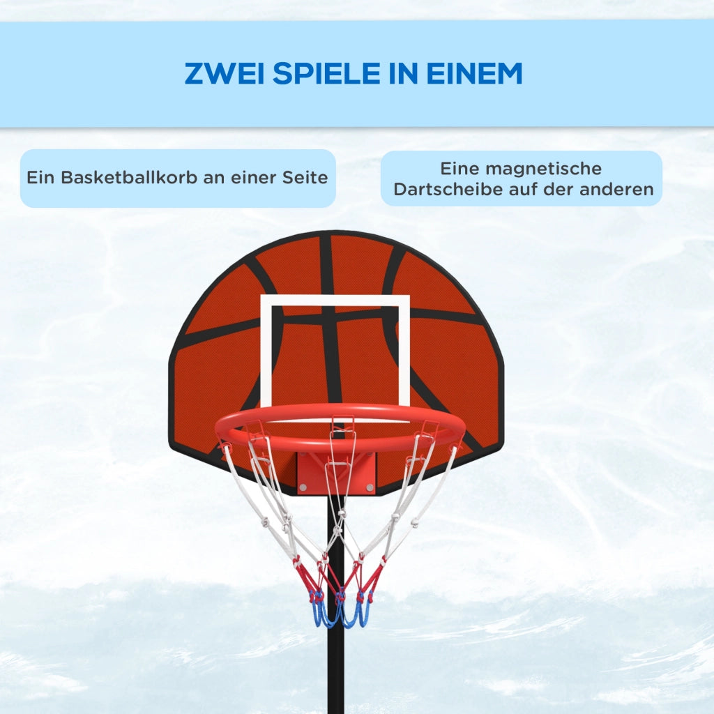 Canestro da basket regolabile in altezza (129-179 cm) con supporto, completo di bersaglio magnetico per freccette, per uso interno ed esterno.