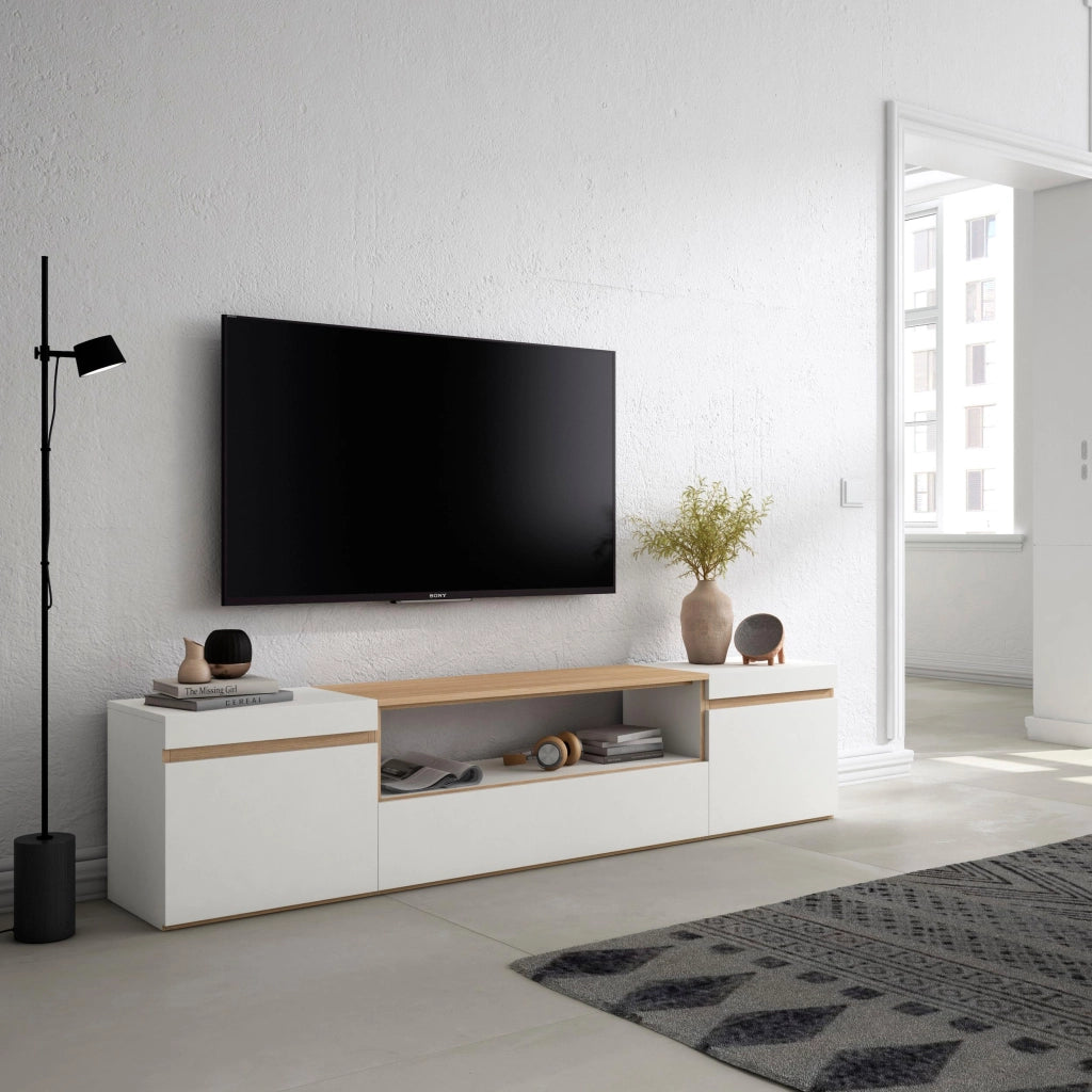 Mobile TV Soggiorno, 200x45x35cm, Per TV fino a 80", Mobile Soggiorno, Bianco e Rovere soft