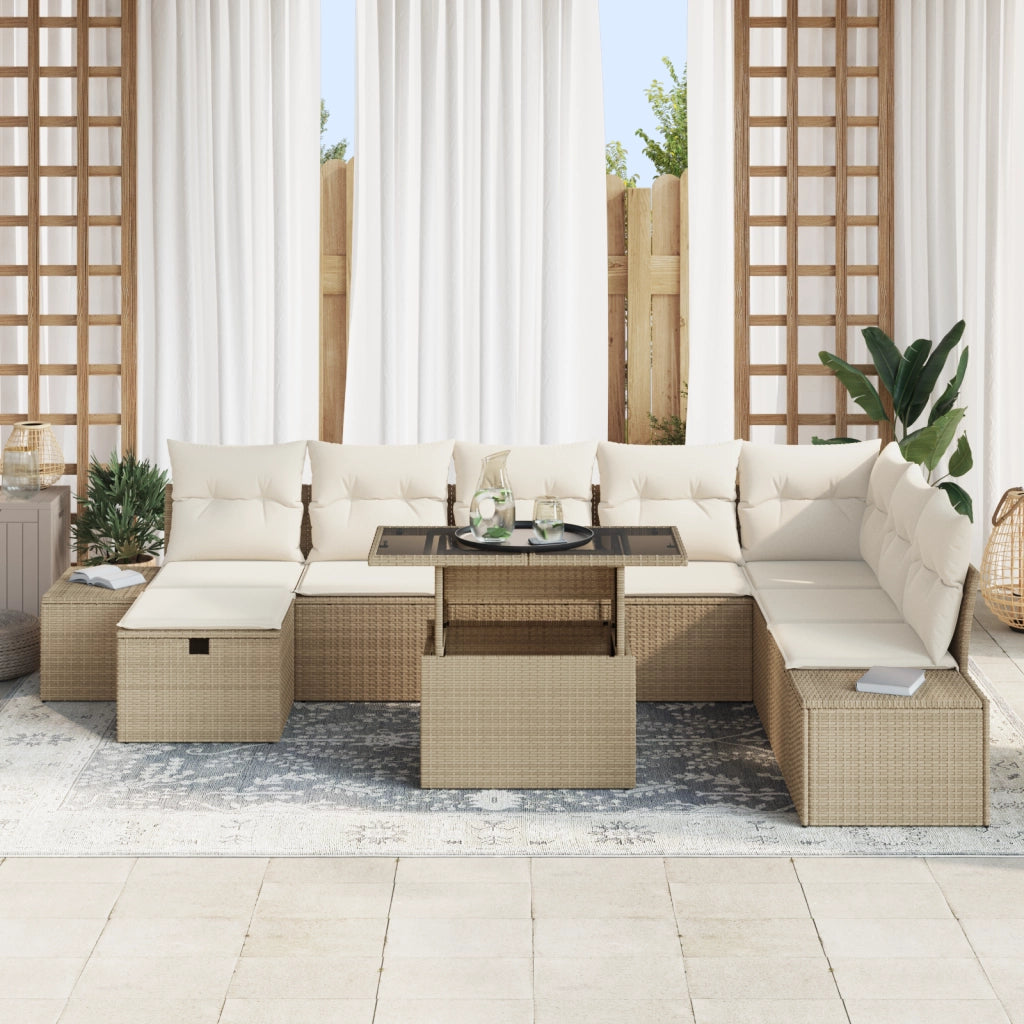 Set Giardino 9 Pezzi con Cuscini Beige in Rattan Polietilene