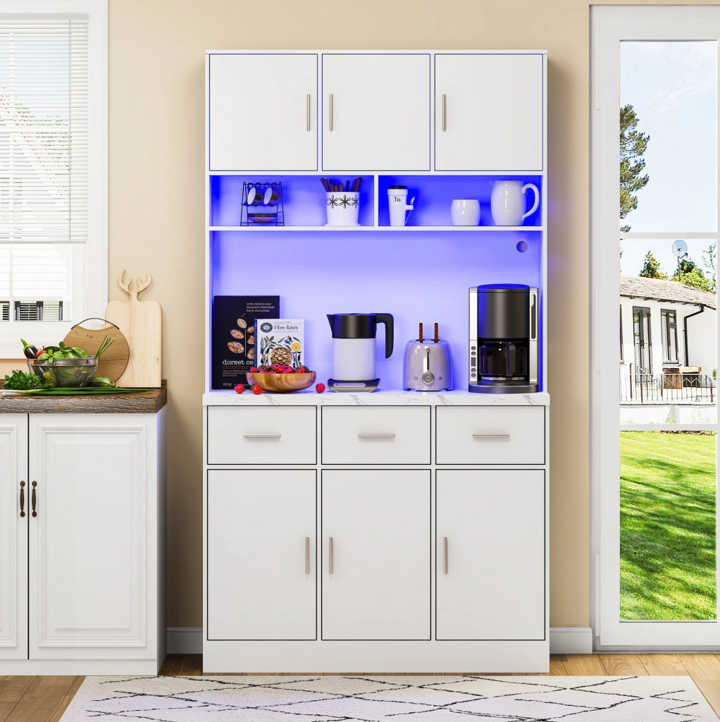 Credenza da cucina con LED, prese USB, cassetti e ripiani regolabili