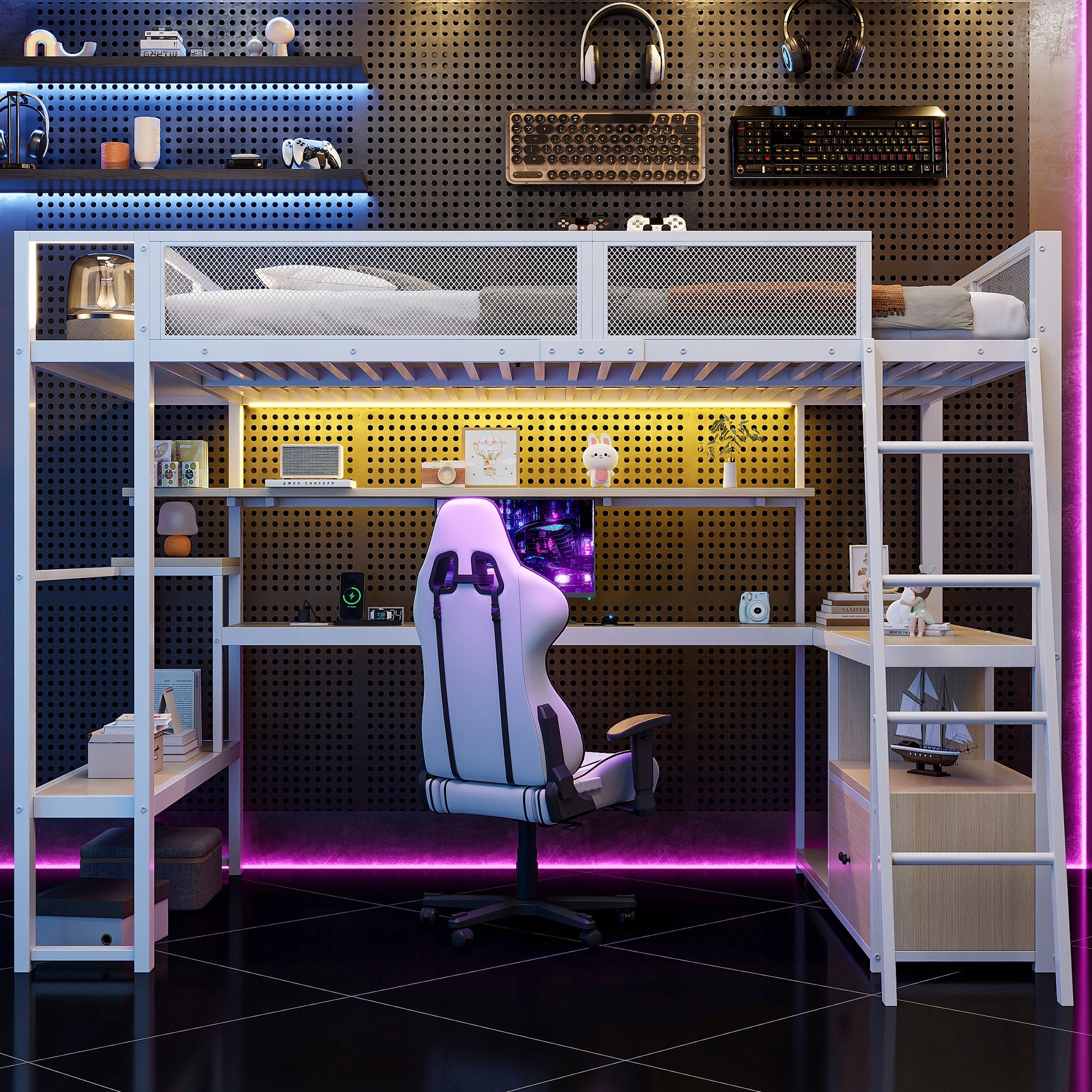 Letto gaming con scrivania - Xylo - 140x200 - Bianco - LED