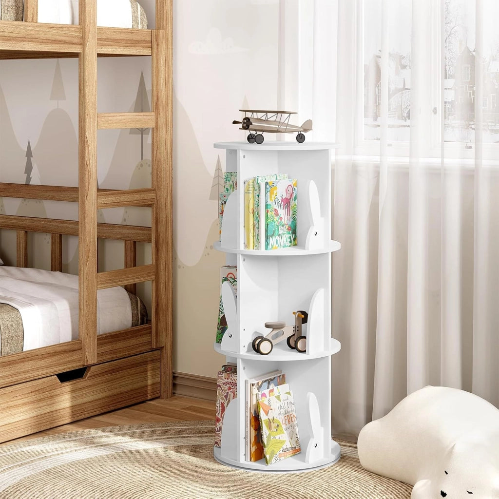 Libreria per Bambini Rotante, Libreria Girevole a 3 Livelli, Porta Libri per Soggiorno, Studio, Scaffale in Legno Autoportante