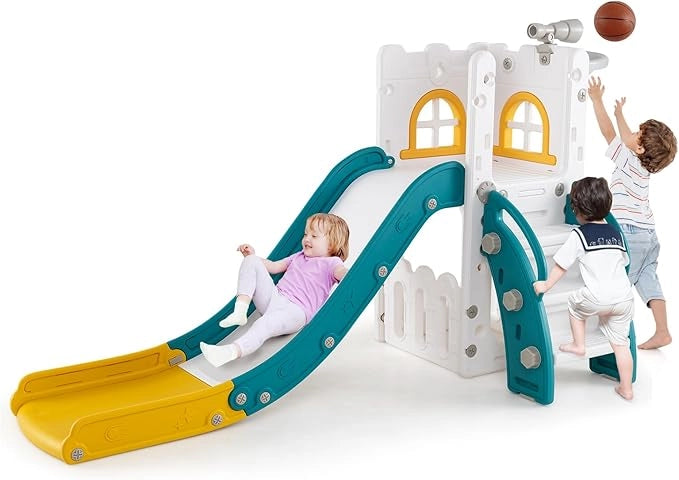 6 in 1 Scivolo per Bambini, Set da Gioco a Forma di L con Canestro da Basket e Telescopio, Spazio di Archiviazione, Scivolo da Interno ed Esterno per 1-3 Anni (Giallo)
