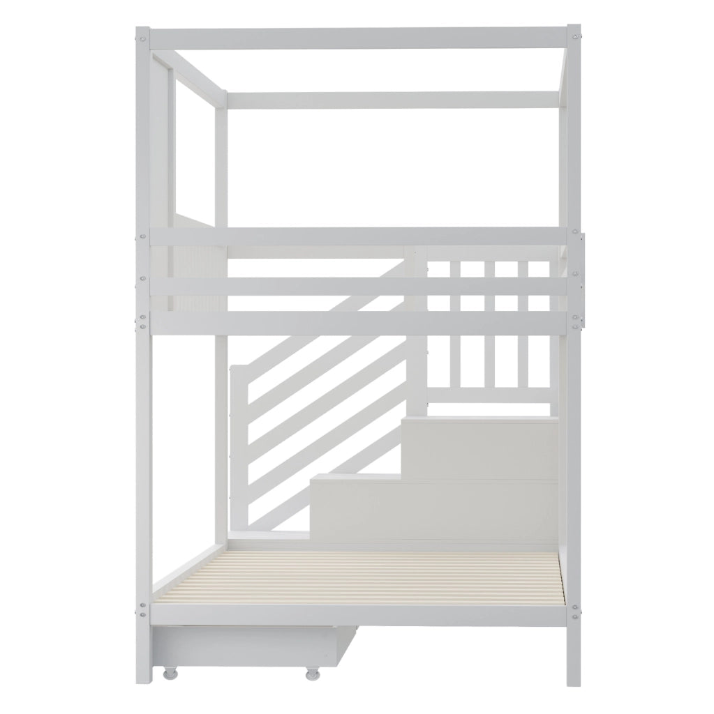 Letto a castello 90x200 cm con scala di sicurezza e cassetti in legno bianco