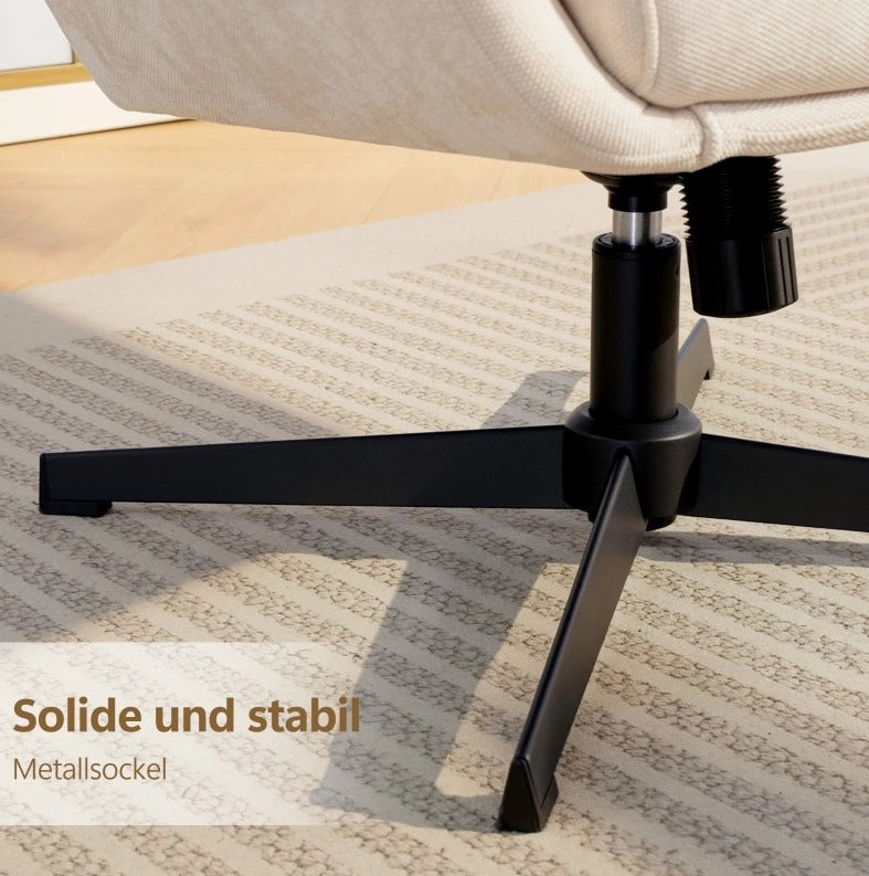 Poltrona relax beige con pouf e base in metallo