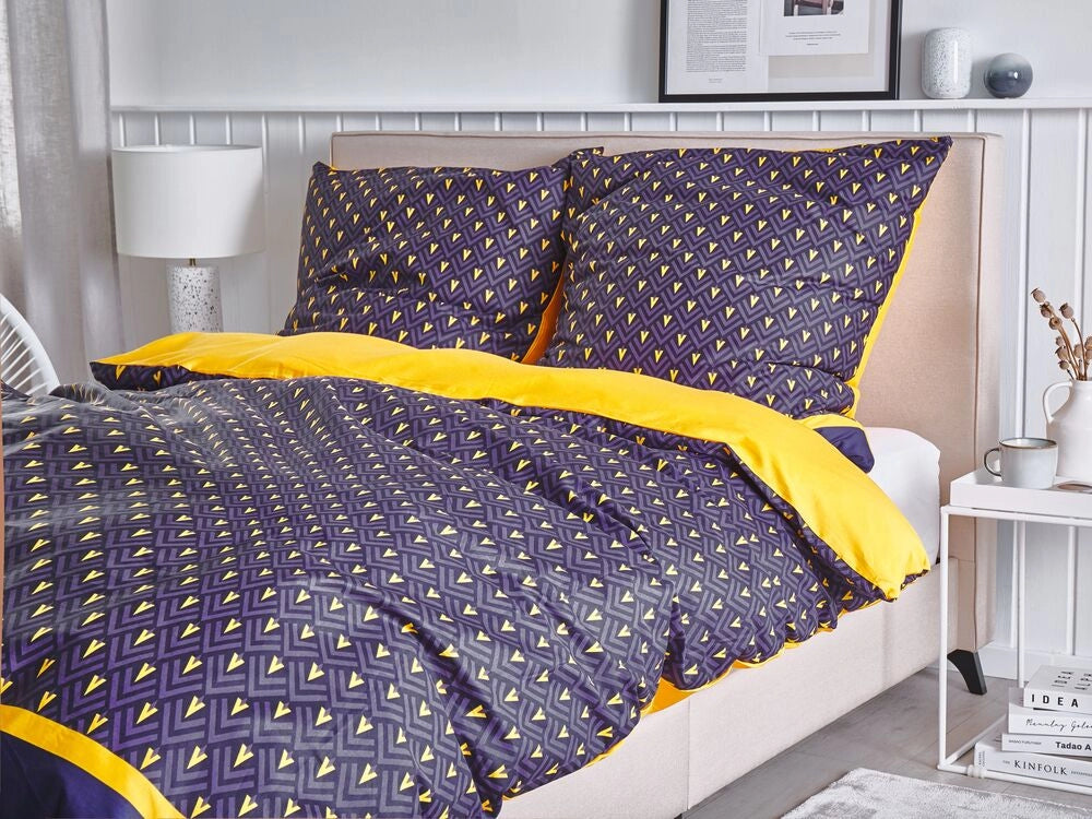 Set copripiumino e 2 federe in misto cotone blu scuro e giallo 155 x 220 cm Camera da letto moderna